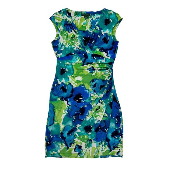 RALPH LAUREN LRL Watercolor Jersey Knit V-neck Dress Size 8 Blue Green Bodycon - Picture 4 of 10